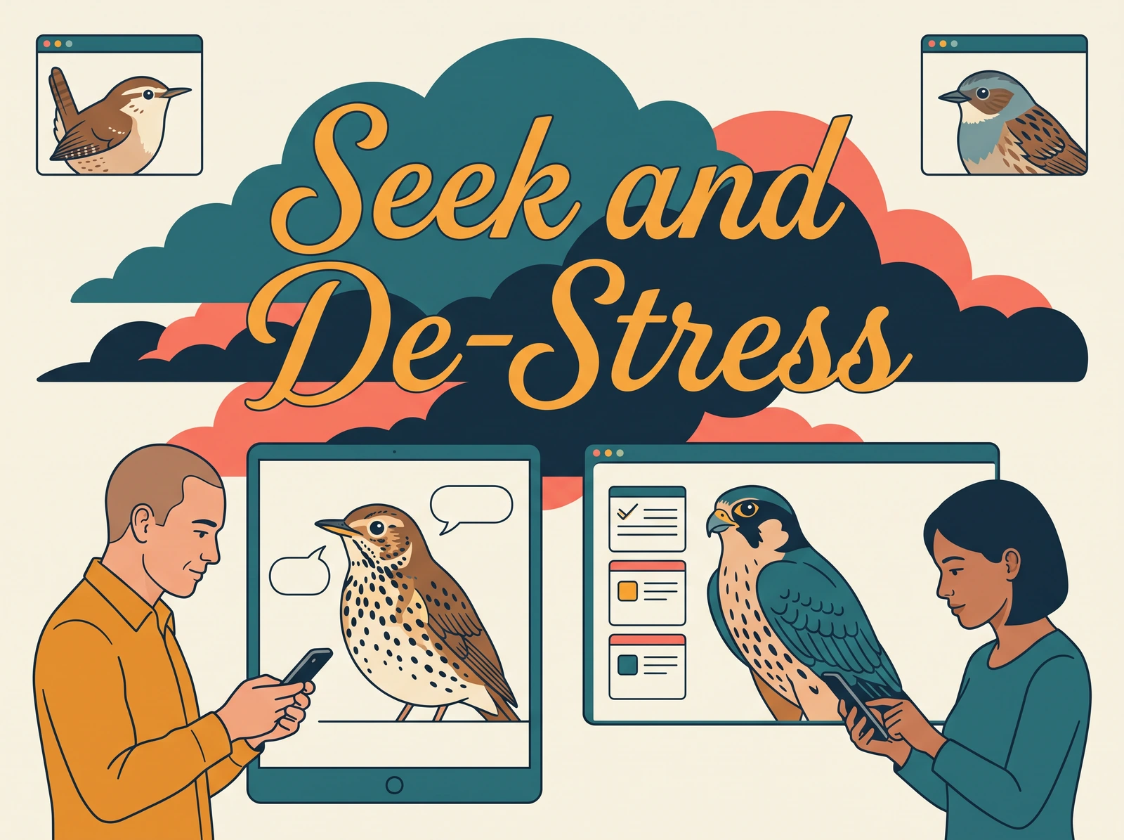 Seek and De-Stress: two help-seekers converse with different bird AI supporters, with two further supporter options