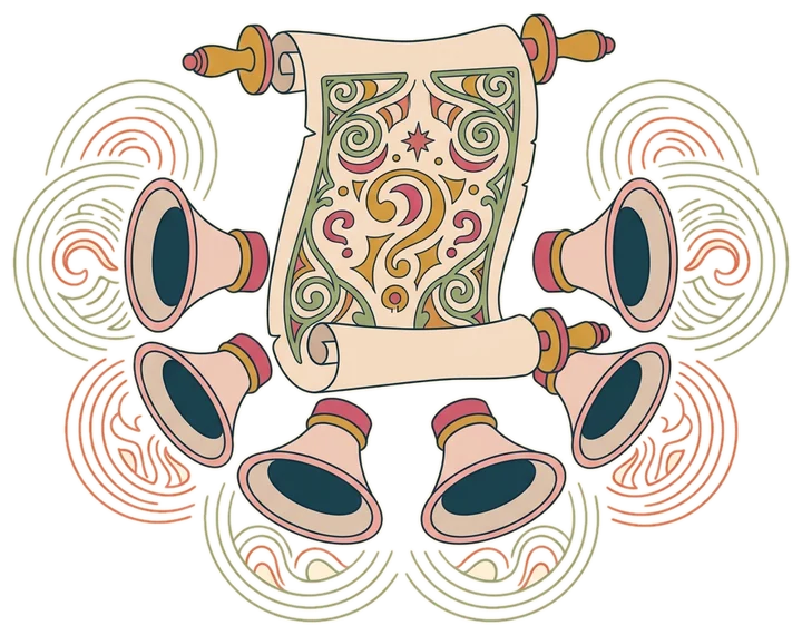 Bell-shaped horns echoing a question scroll