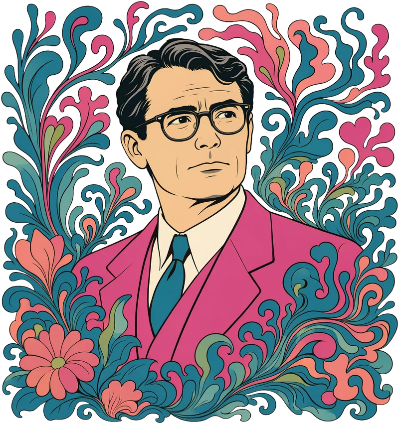 An illustrated portrait of Atticus Finch framed by flowers.