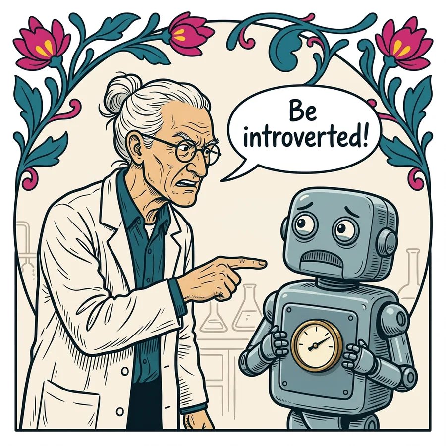 A scientist points at a nervous robot and says: Be introverted!