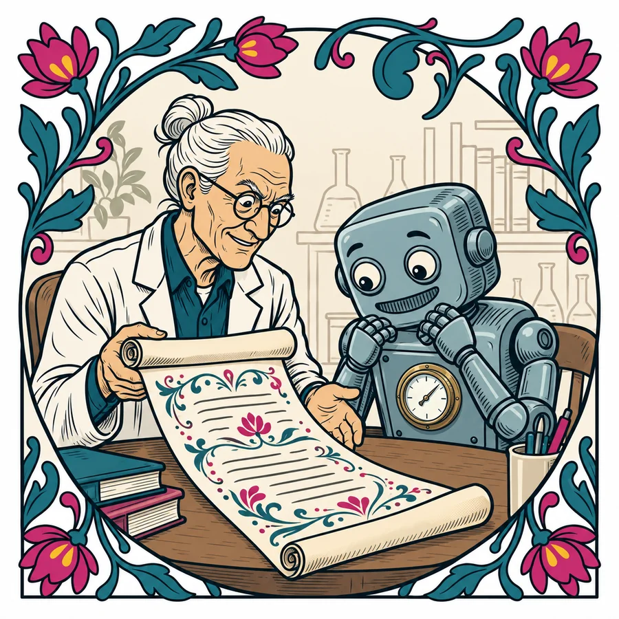 The scientist, now smiling, unrolls a long illustrated scroll for the curious robot.