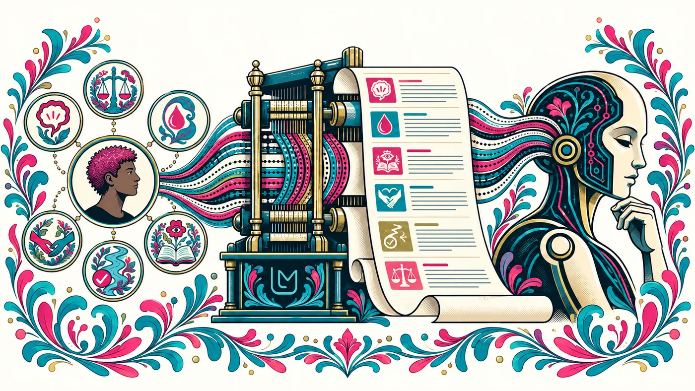 An ornate machine turns measurements into a first-person identity document for a model.
