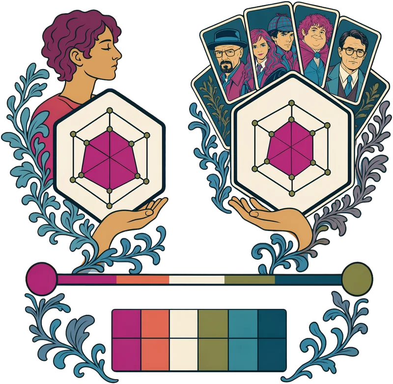 A person and a fan of character cards, each linked to a personality profile.