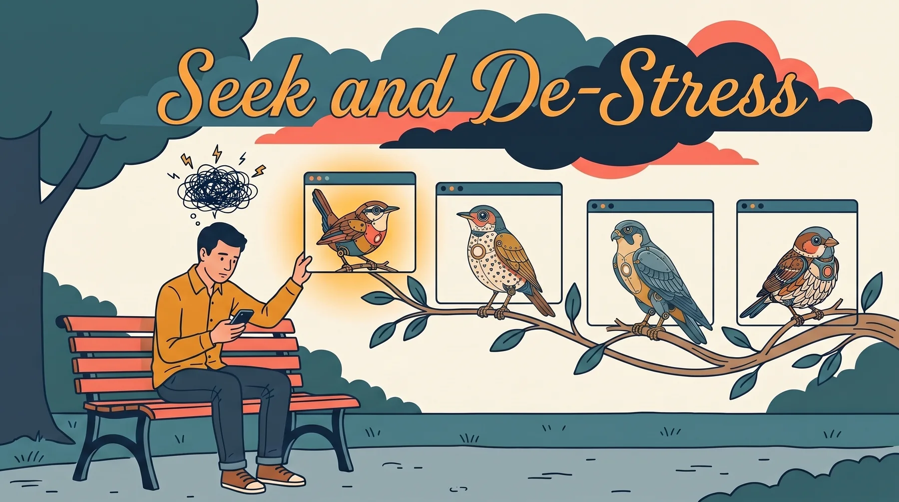 Seek and De-Stress: two people talk with different bird supporters on their screens.