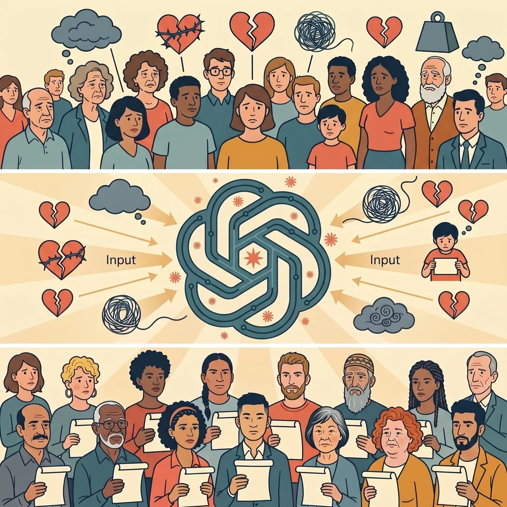 Three bands: people with different troubles, those troubles funnelled as input into one emblem, and the same people receiving one identical answer.
