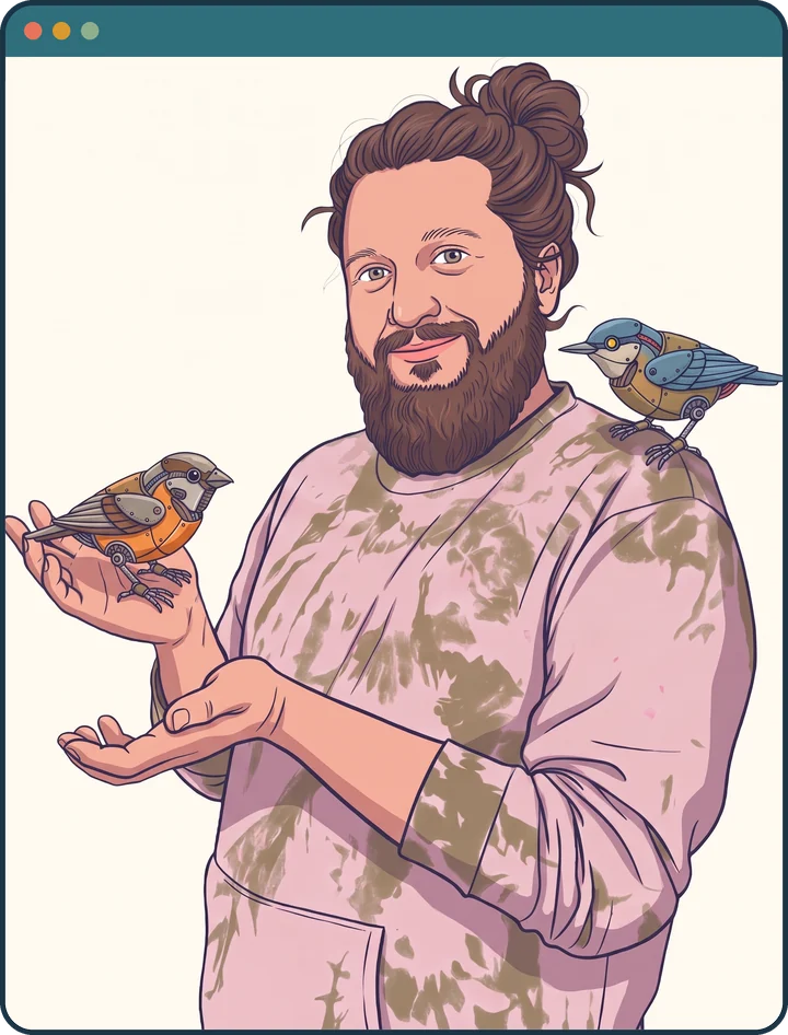 Illustrated portrait of Ben Wigler, a robot bird on his shoulder, holding another out toward Masha